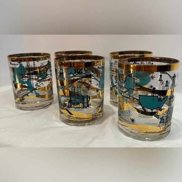 Rare Set of 5 MCM Norma Jean Wright 24k Gold & Turquoise Oil & Gas Bar Glasses - Picture 11 of 15